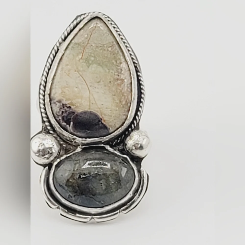 JASPER & LABRADORITE STATEMENT RING HANDMADE IN STERLING SILVER METAL SIZE 8.5